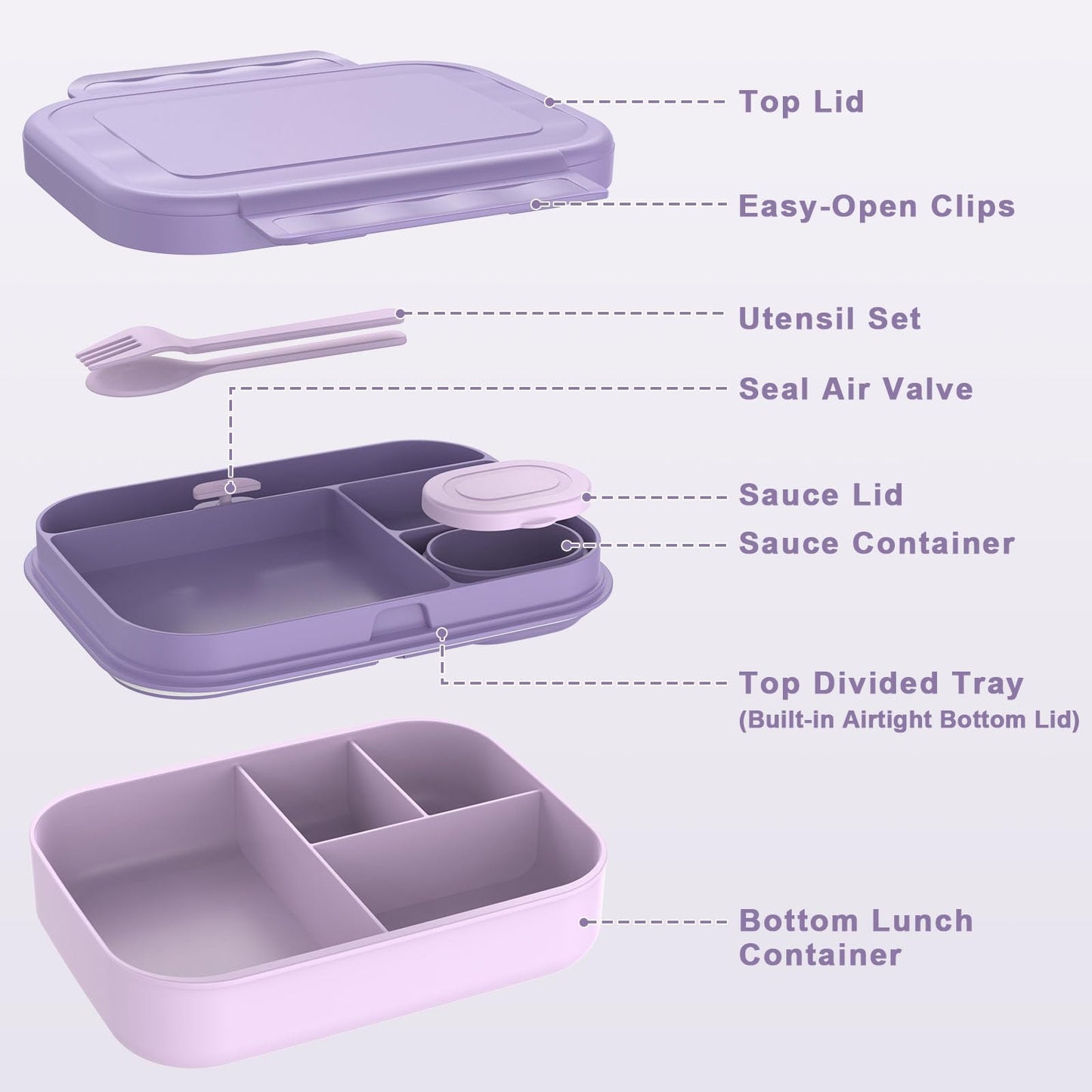 Caperci Stackable Bento Lunch Box for Adult & Teens - Reinforced Leak-Proof Lunch Container 4-Compartment with Utensils & Sauce Container, BPA-Free, Dishwasher/Microwave Safe, 47oz (Orchid Bloom)