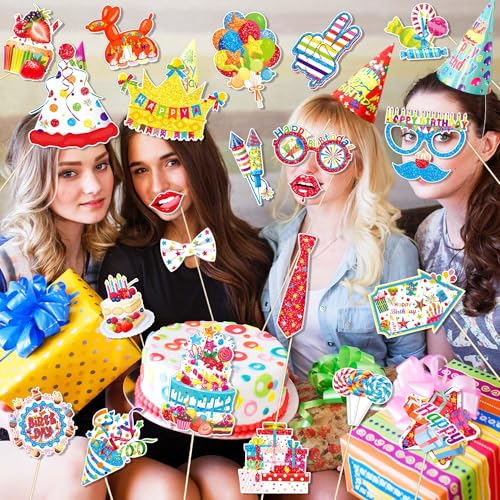 25Pcs Funny Birthday Photo Booth Props with Stick, Theme Selfie Props, Party Supplies, Photography Backdrop Decorations