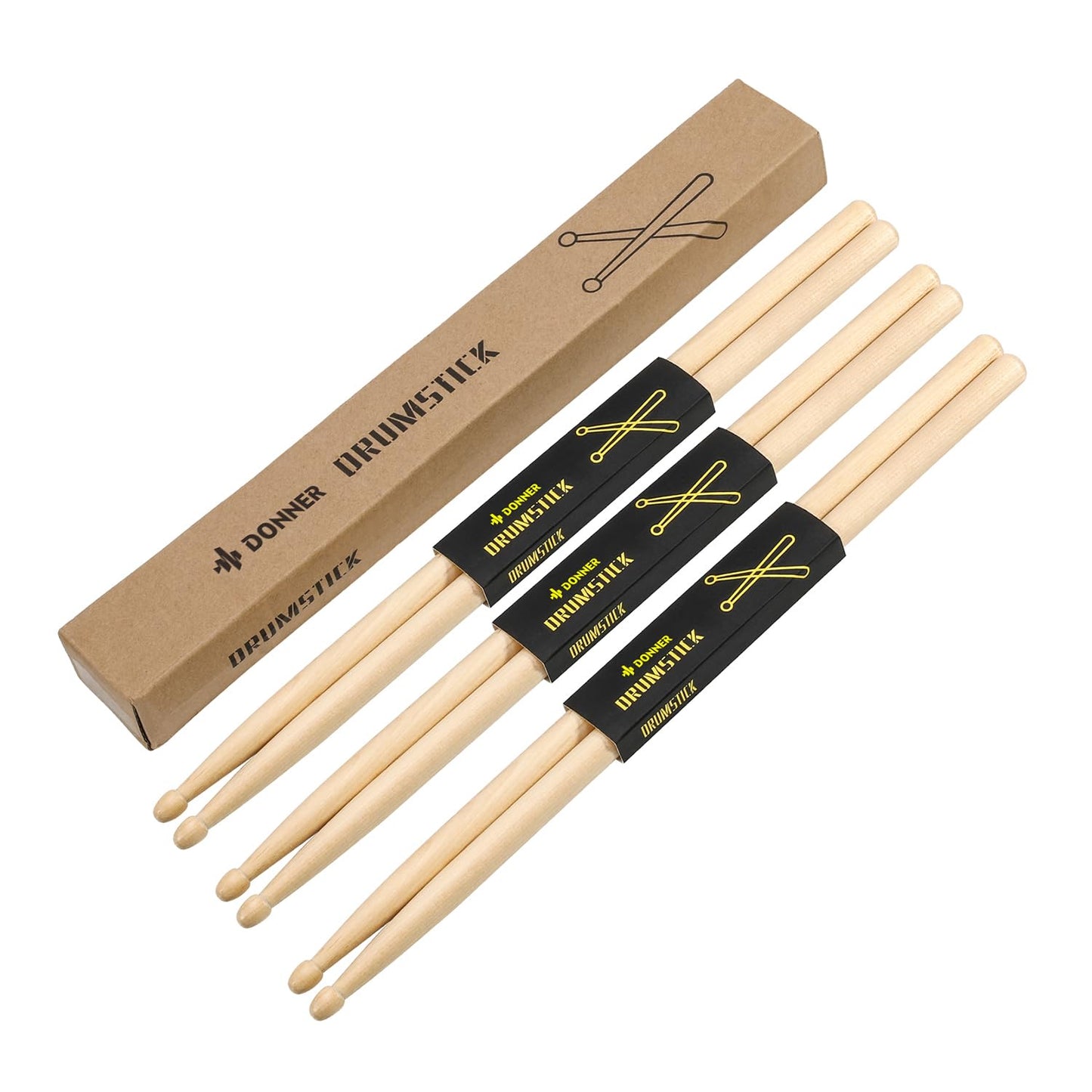 Donner Drum Sticks, 3 Pairs 5A Drumsticks Classic Maple Wood Snare Drumsticks With Carrying Bag, Christmas Birthday Gift, Great