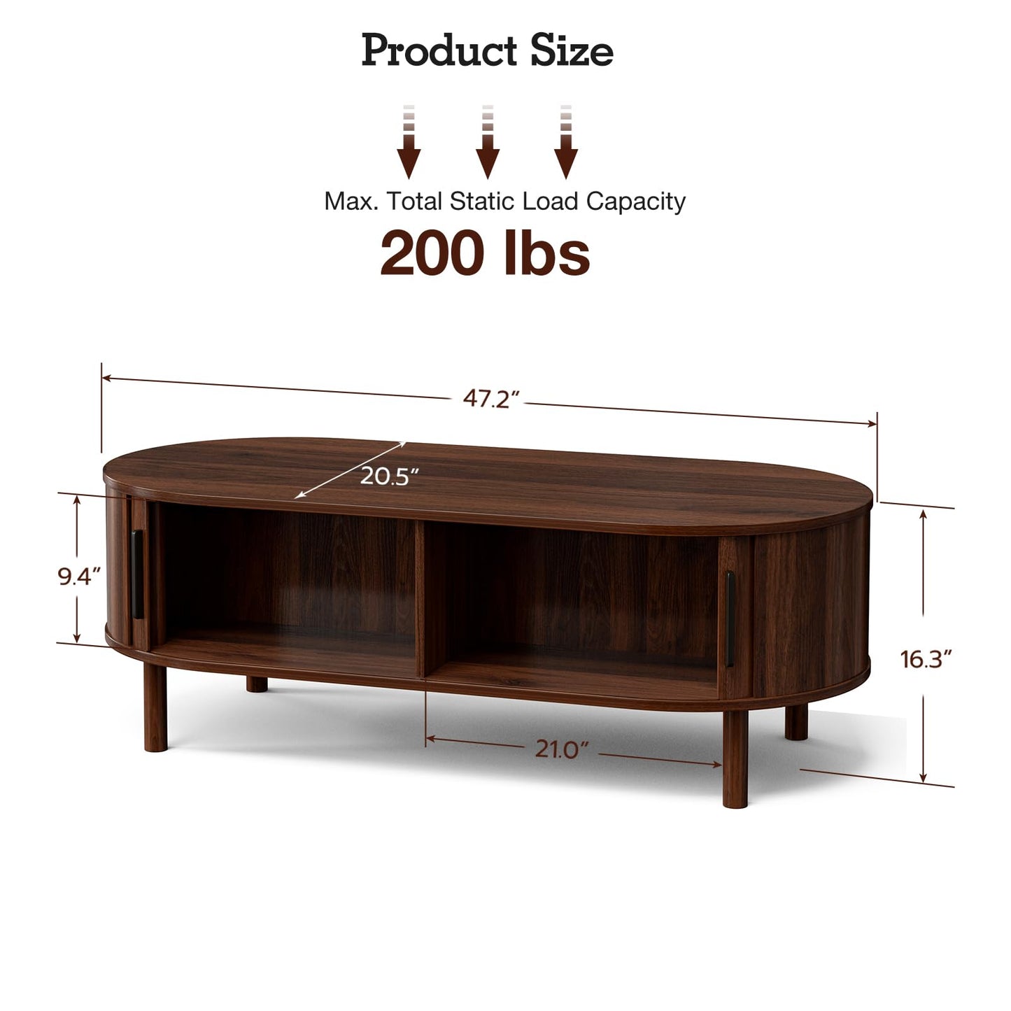 ZttRiee Coffee Table for Living Room, Modern Oval Coffee Table with Cabinets & Sliding Doors, Home Small Space, 47.2" Fluted Center Table, Walnut