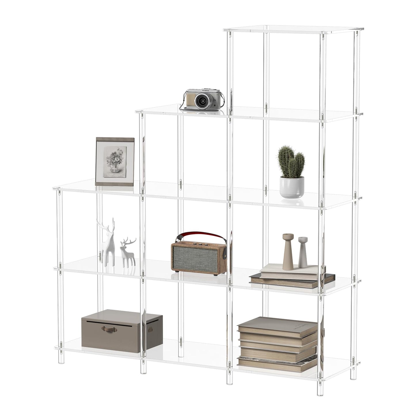 CRTERICX 5-Tier Acrylic Stepped Bookshelf, 9 Cube Bookcase, Clear Open Book Shelf for Home Office, Living Room, Bedroom, Easy Assembly, 11.8" D x 40.6" W x 46.1" H