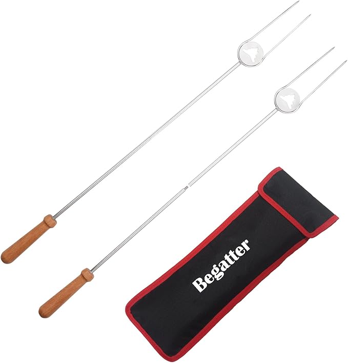 Begatter Heavy Duty Roasting Sticks for Hotdogs, Marshmallows and Smores, 32" Long Solid Stainless Steel Skewers for Campf...