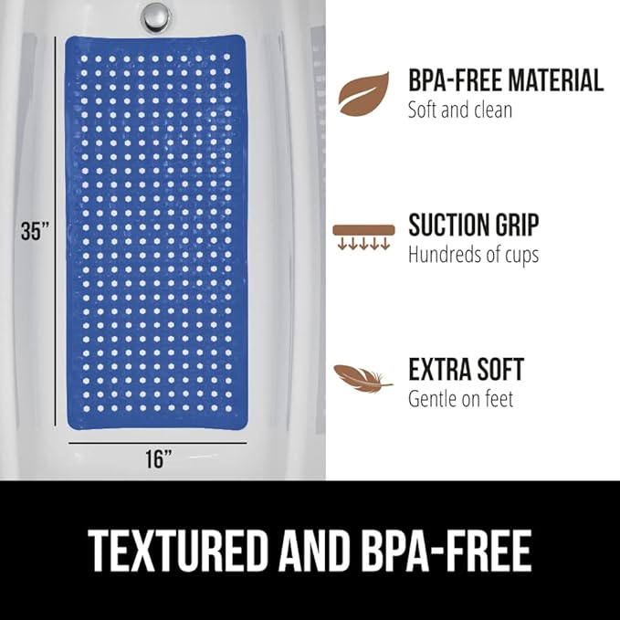 GORILLA GRIP Patented Bath Tub Shower Mat, Machine Washable Bathtub Floor Liner Mats, Suction Cups and Drain Holes to Keep Tubs Clean, Soft on Feet, Bathroom Essentials, 35x16 Inch, Royal Blue Opaque