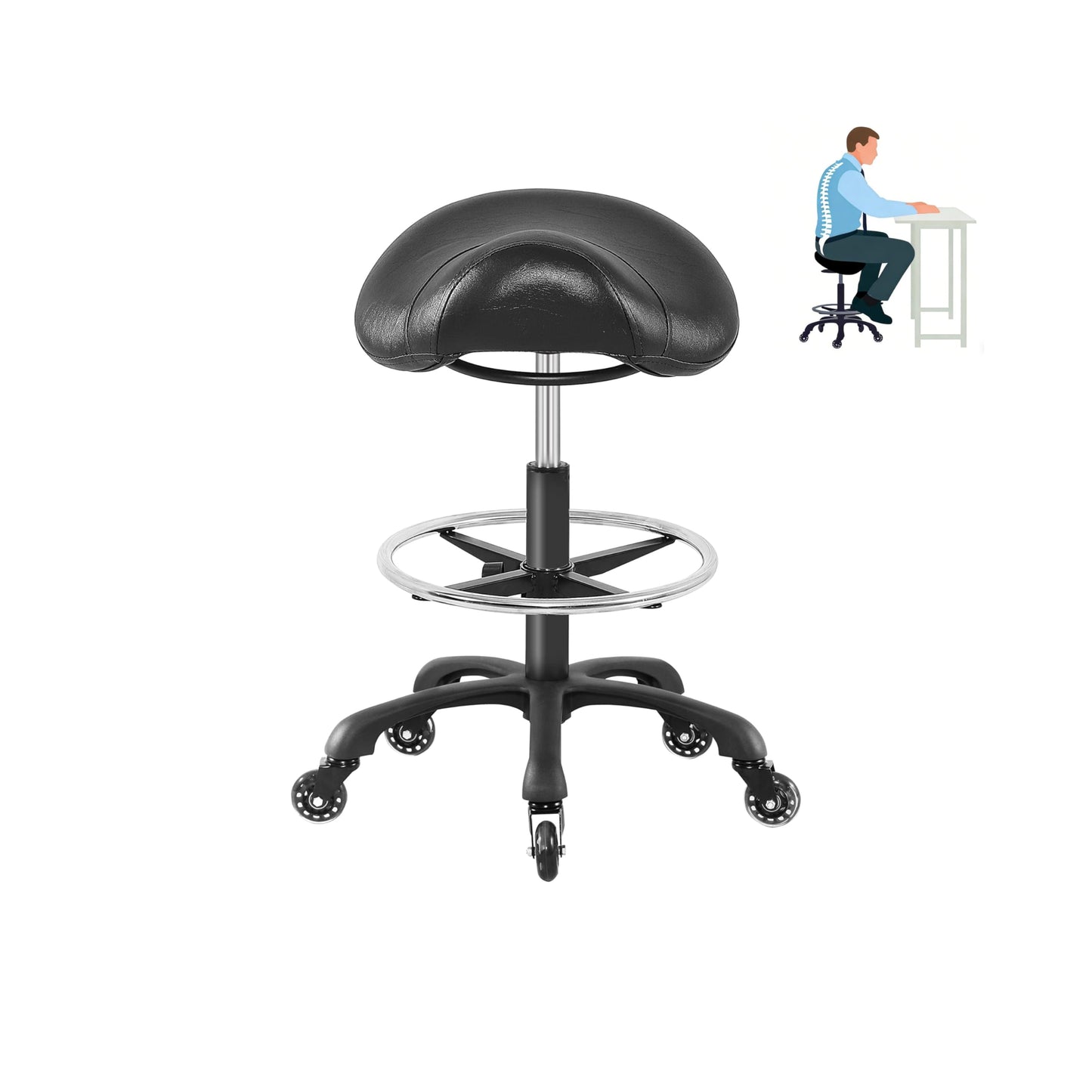 Coczeb Saddle Salon Stool with Footrest,Heavy Duty, Adjustable Height, Rolling Esthetician Chair for Tattoo Spa Medical Dentist Clinic (Black)