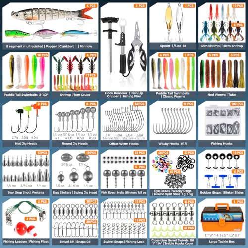 PLUSINNO Large 4-Layer Tackle Box with Tackle Included, 547Pcs Fishing Lures Kit - Pliers, Crankbait, Hooks, Weights & Acc...