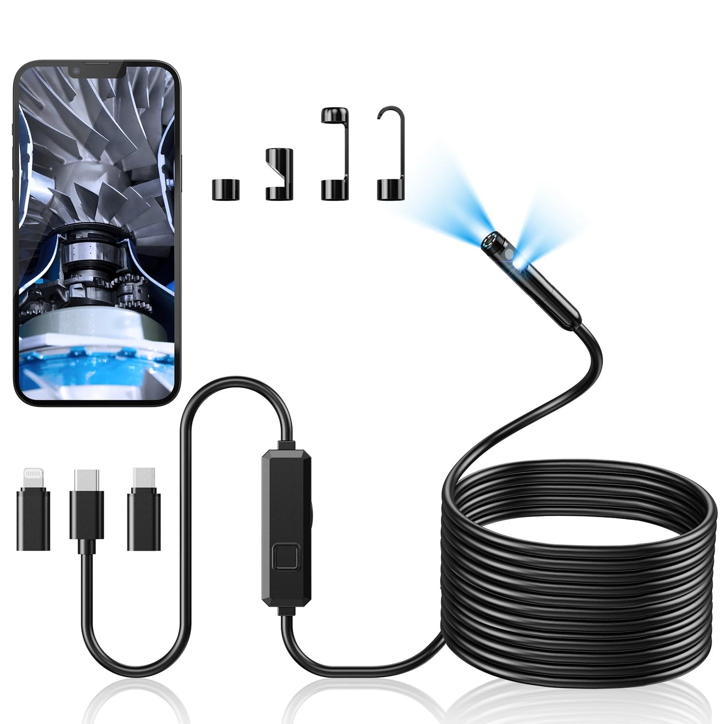 Acoath Endoscope Camera with Light, Dual-Lens 1920P HD Borescope with 8 Adjustable LED Lights, IP67 Waterproof Boroscope Inspection Tools, 33ft Semi-Rigid Snake Camera for iOS & Android