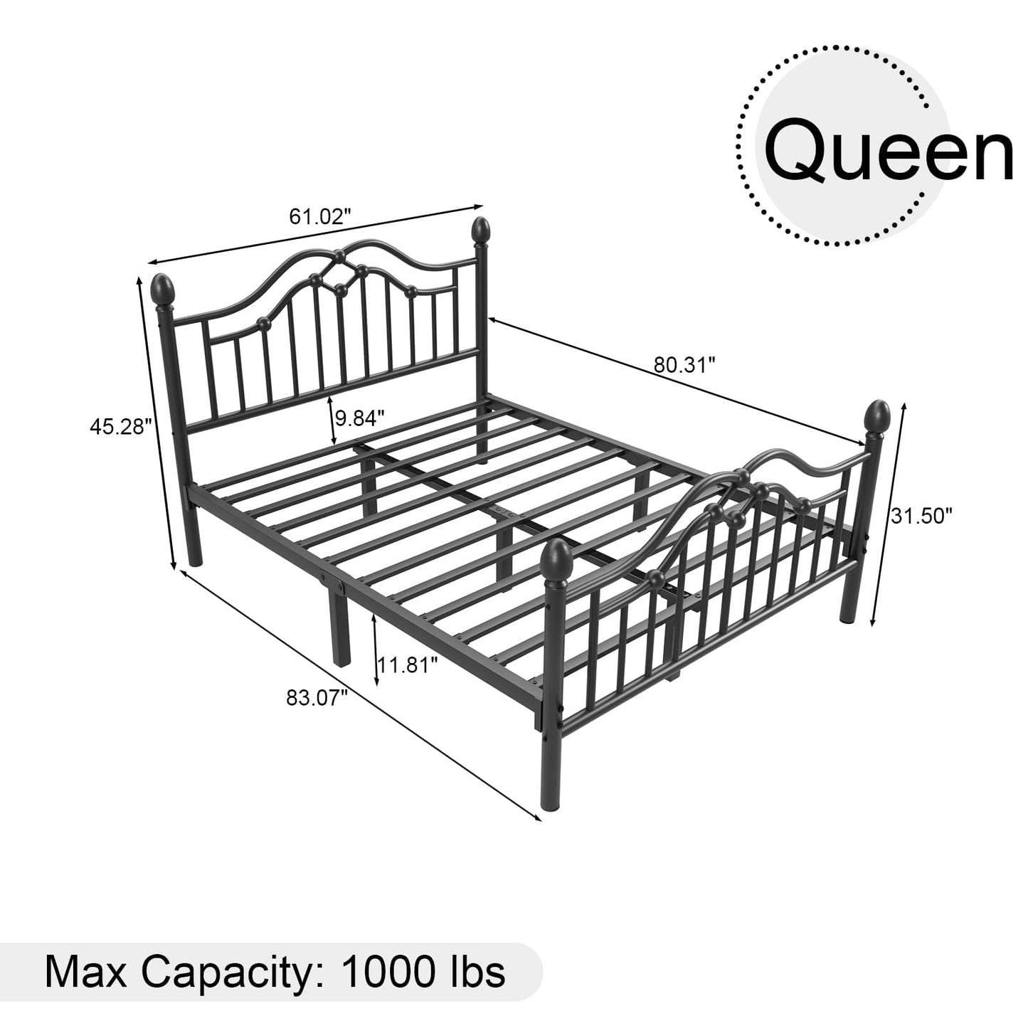 LoVinson Queen Metal Bed Frame with Headboard and Footboard, Modern Iron Platform Bed Frame Support Up to 1200LBS, Under Bed Storage, No Box Spring Needed, Easy Assembly, Black