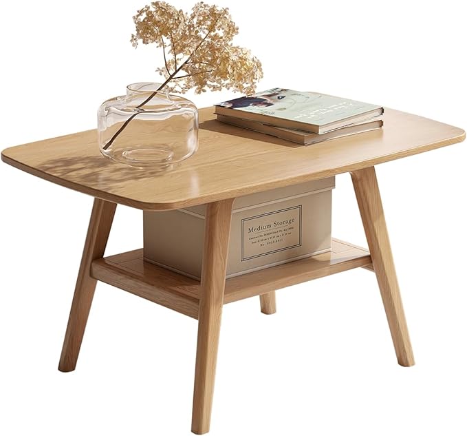 Wayshome 100% Solid Oak Wood Coffee Table for Living Room, Small Table with Shelf Storage, Mid Century Modern Coffee Tables with Rounded Corners for Home (Natural, 31.49" x 19.68" x 17.32")