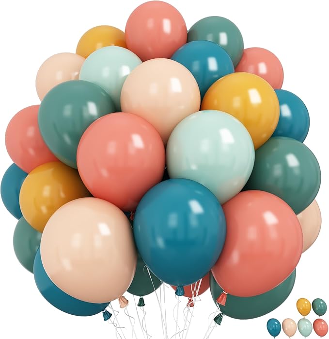 Froova Boho Rainbow Balloons 60 Pcs Retro Teal Blue Blush Pink Dark Light Orange Yellow Sage Green Dusty Blue Balloon Colo...