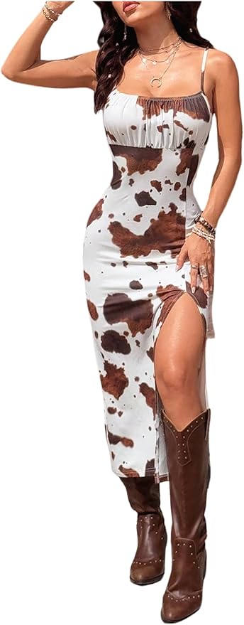 Verdusa Women's Cowgirl Dress Western Outfit Boho Bodycon Long Slit Thigh Cami Dresses