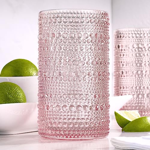 Glaver's Hobnail Drinking Glasses, Pink Vintage Glassware Set, Beaded Drinking Glasses, Set Of 4 15 oz Cocktail Glass Set,...