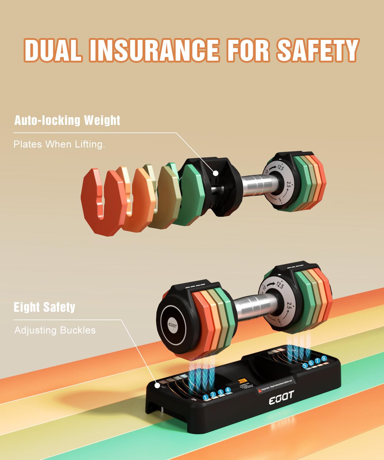 Adjustable Dumbbell Set, EOAT 2.5 to 12.5 lbs Free Weights Dumbbells Pair with Tray for New Beginner, Exercise & Fitness Dumbbells with Anti-Slip Handle & Rainbow-colored Weight Plates