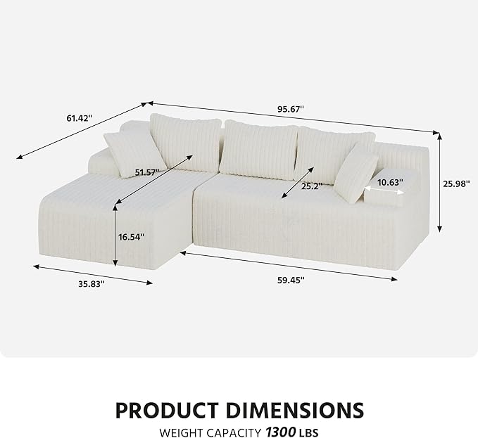 LAUSAINT HOME 96" Modular Sectional Sofa Couches, L-Shaped Boneless Cloud Sofa with 3 Deep Seat, 5 Cushiones Oversized Chaise for Living Room, Bedroom, Plush Corduroy Fabric (Left, Beige)