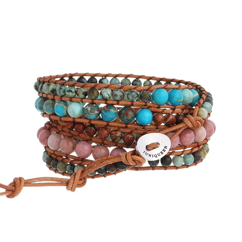 Women Boho 5 Wraps Bracelet Natural Rhodonite Picasso Jasper Turquoise Stone Strand Bracelet Jewlery
