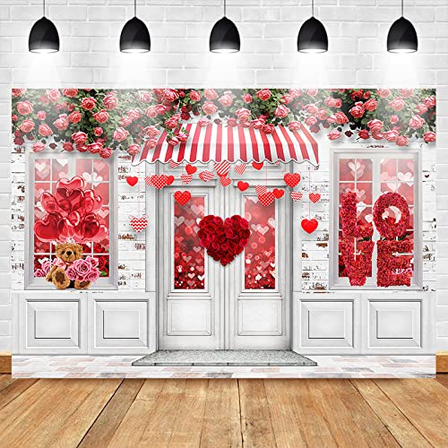 Mocsicka Valentine's Day Store Photography Backdrop Red Love Hearts Roses Rustic Brick Wall Party Decorations Floral Windo...