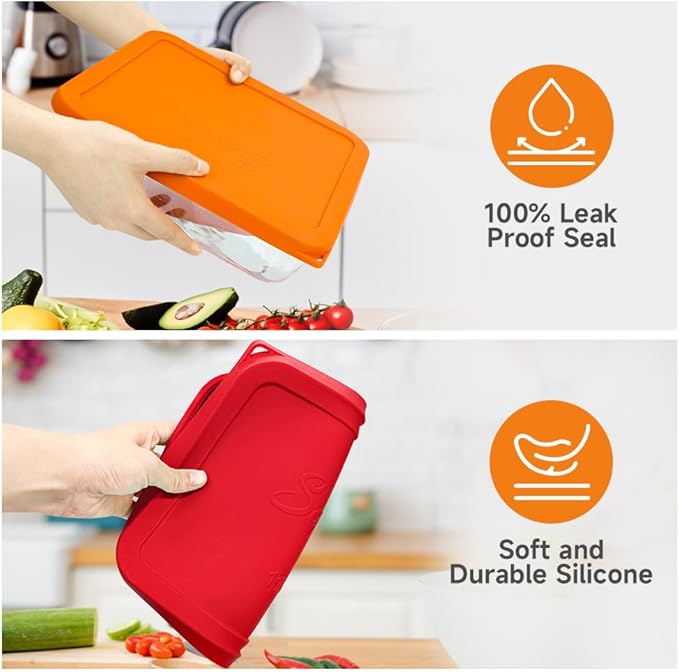 Sophico 11 Cup Rectangle Silicone Storage Cover Lids Replacement for Pyrex 7212-PC Glass Bowls, Container not Included (ORANGE-2PACK)