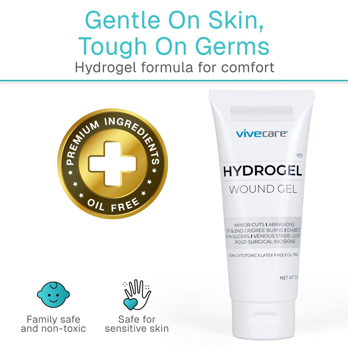ViveCare Hydrogel Wound Dressing (3 Oz Tube) - First Aid Healing Gel for Burns, Diabetic Ulcers, Cuts, Surgical Incisions, Debridement, Open Wounds - Soothing Skin Repair Cream Ointment (1)