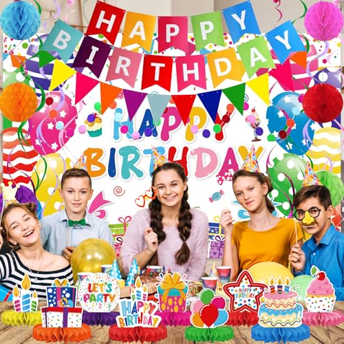 Birthday Decorations Kit, Happy Birthday Party Banner, Honeycomb Balls, Metallic Hanging Swirls, Circle Garland, Colorful ...