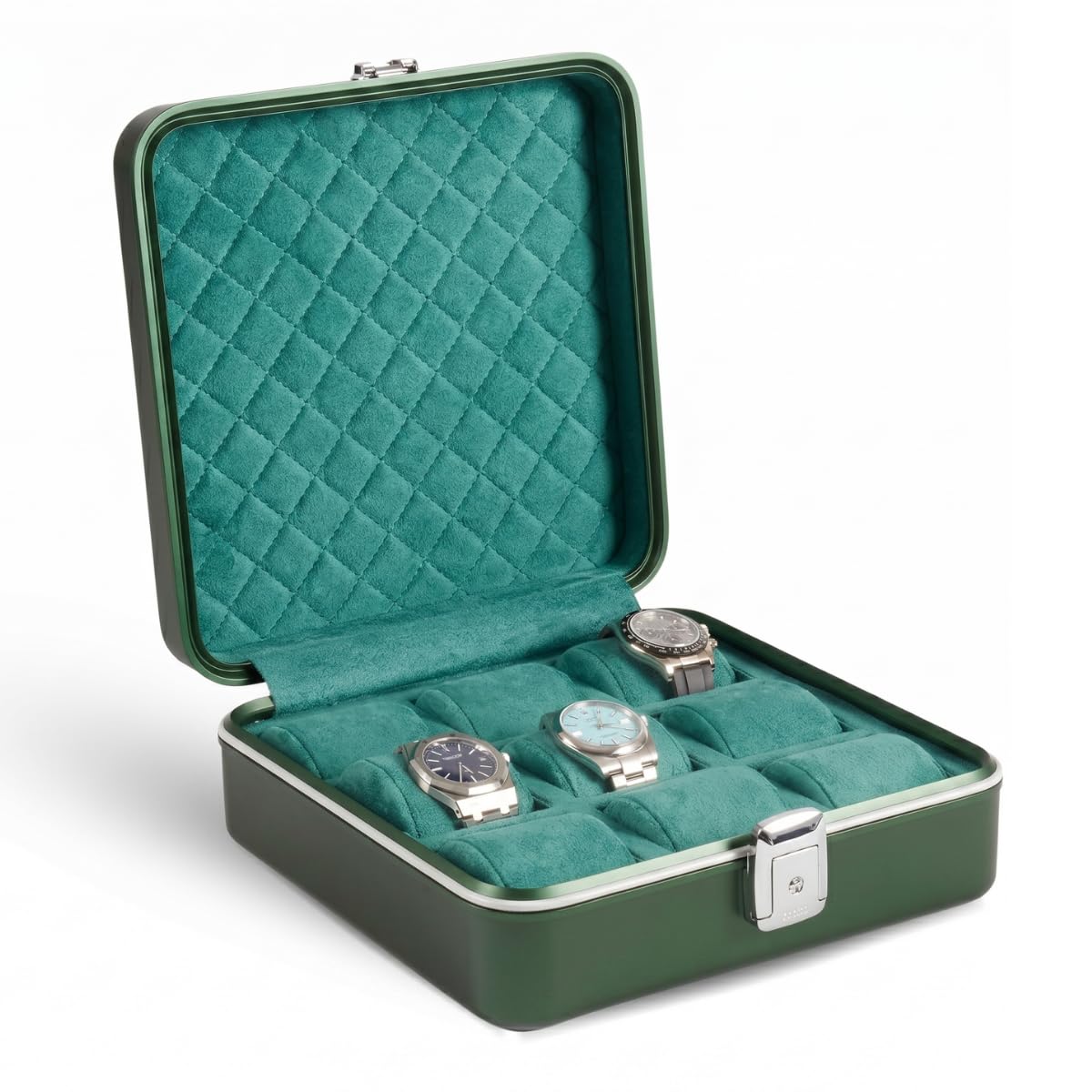 Bey-Berk Prague Aluminum Watch Case in Hunter Green – 9-Slot Locking Travel Box with Soft Interior for Watch Storage