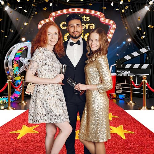 Lights Camera Action Backdrop with Red Carpet Runner 7x5ft, Movie Theme Party Decorations – Movie Night & Oscar Party Bann...