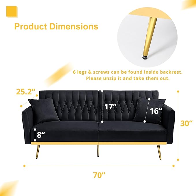 ACMEASE 70” Velvet Futon Sofa Bed with 2 Pillows and Adjustable Armrests, Convertible Sleeper Bed W/Adjustable Backrests, Modern Loveseat for Living Room, Bedroom, Black
