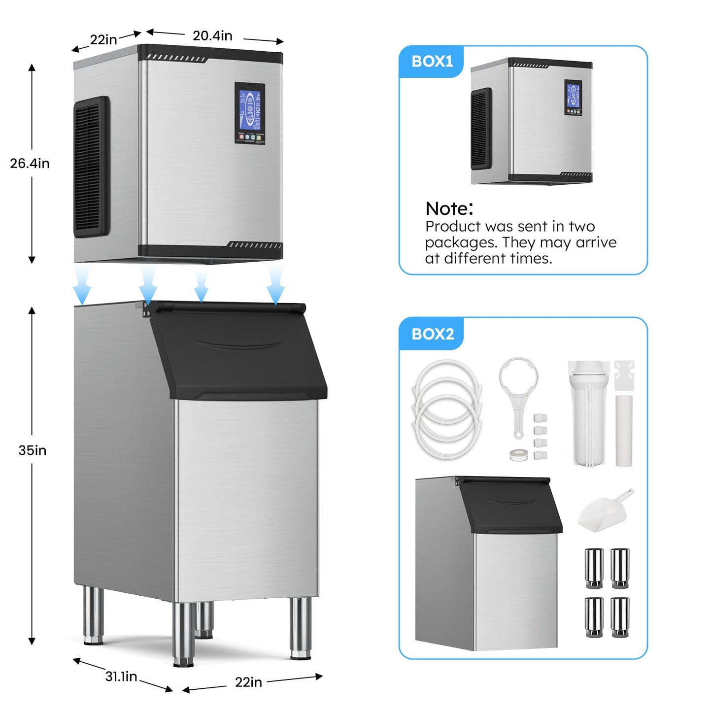 Commercial Ice Machine 920LBS/24H,Storage 550LBS,Large Industrial Ice Maker,Ice Ready in 5-15min,with Self-Cleaning Mode,with Timing Function,30 Levels of Ice Thickness Adjustment,Stainless Steel