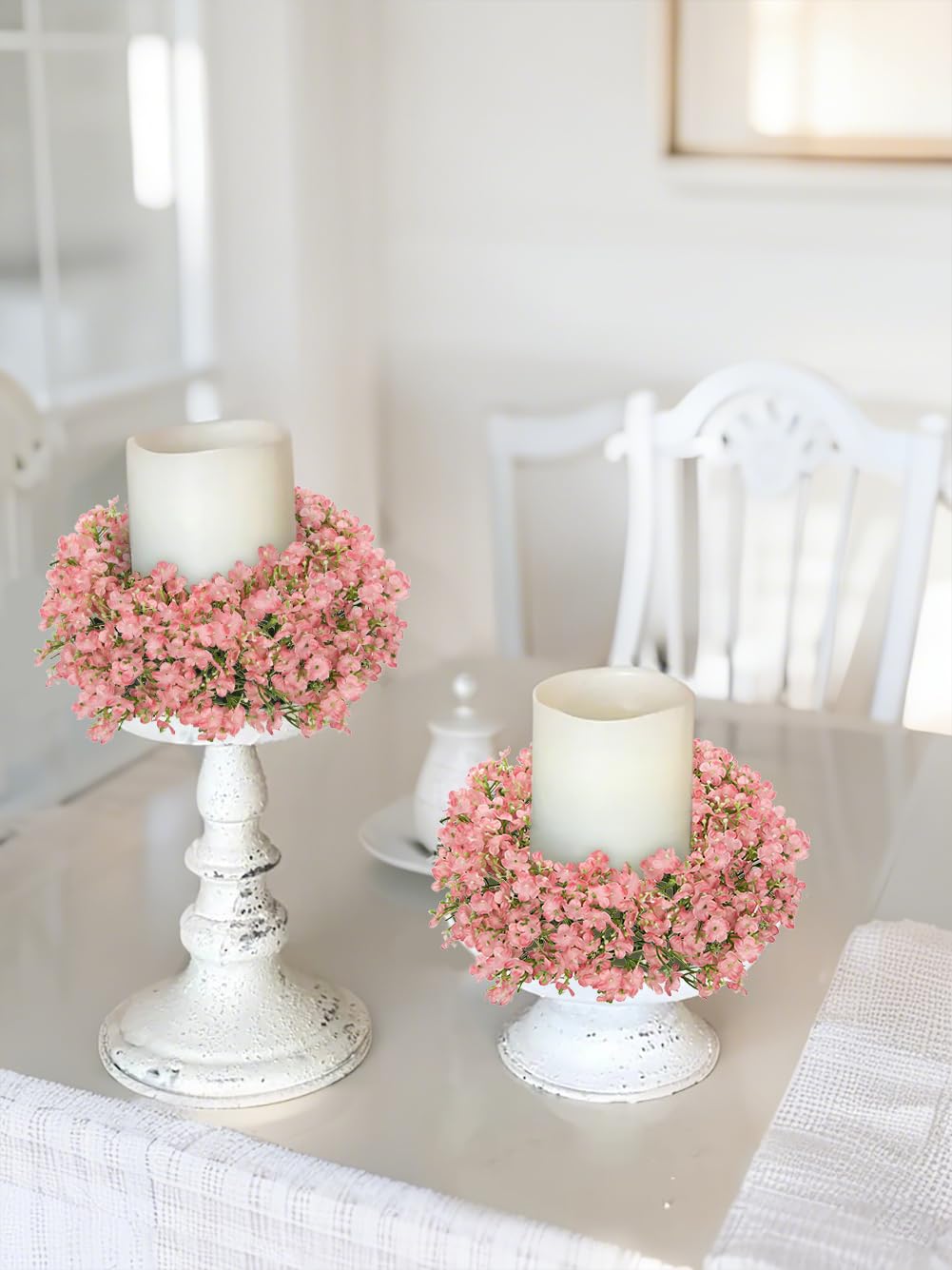 Hollyone 2Pcs Small Artificial Baby Breath Flowers Wreath 10 Inch Pink for Front Door Decor Faux Gypsophila Wreath Fake Baby Breath Flower Garland Candle Ring for Kitchen Cabinet Chairs Tabletop Decor