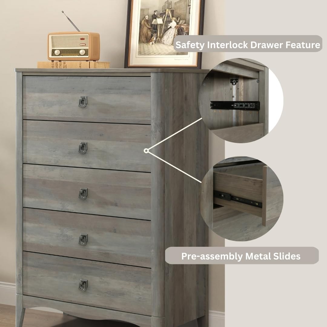 ELISA HOME Celine 5 Drawers Dresser for Bedroom, 47" Tall Modern Chest of Drawers, Wood Drawer Organizer for Clothes, Entryway, Hallway, Nursery or Living Room, Gray