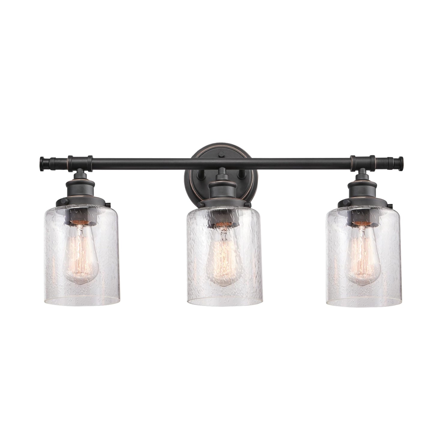 Globe Electric 51415 Camden 5-Piece All-in-One Bathroom Set, 3 Vanity Light with Seeded Glass Shades, Bar, Towel Ring, Robe Hook, Toilet Paper Holder, Bronze