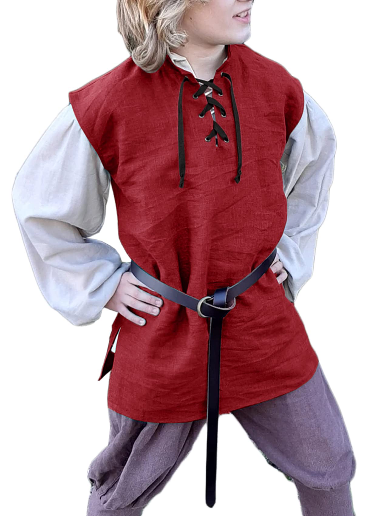 Boys Kids Renaissance Pirate T Shirts Viking Medieval Sleeveless Lace Up Costume Scottish Cotton Tank Tops