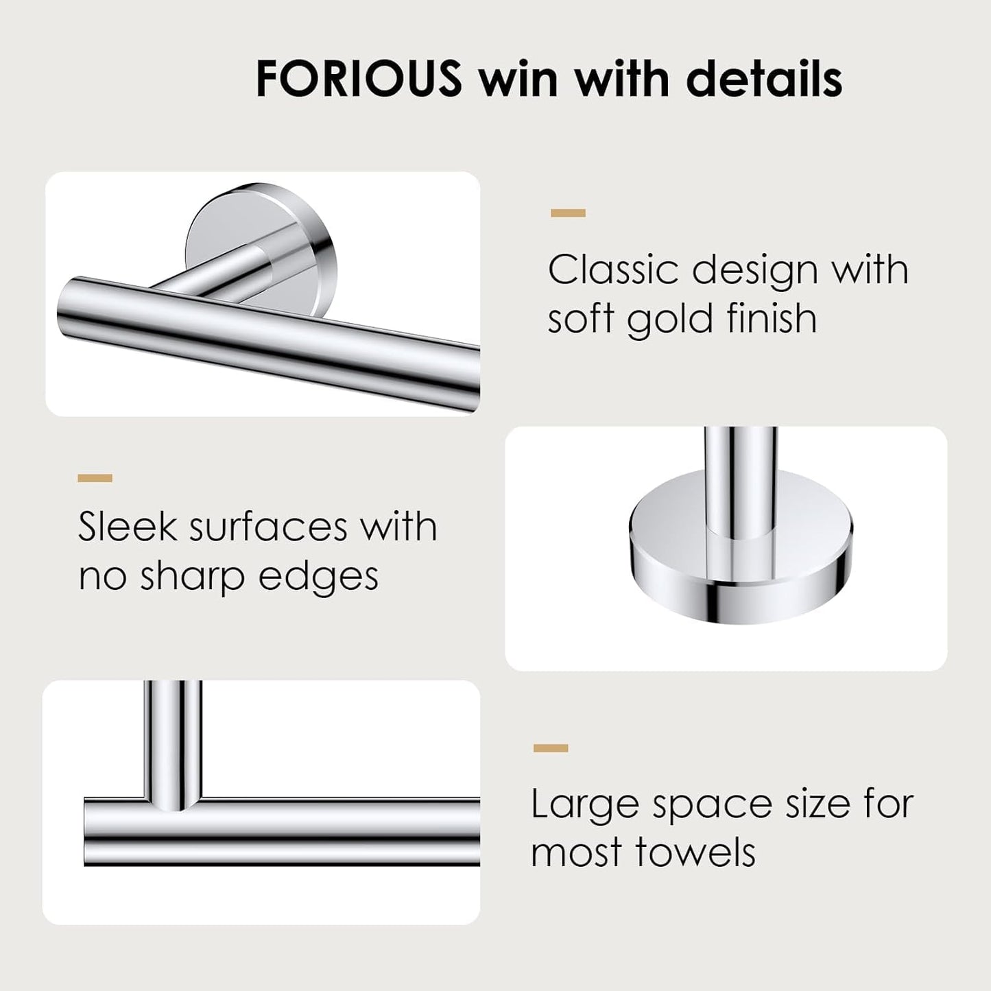 FORIOUS Towel Bar Wall Mounted, Stainless Steel Towel Racks for Bathroom, Includes Wall Mounting Hardware (Chrome, 32 Inch)