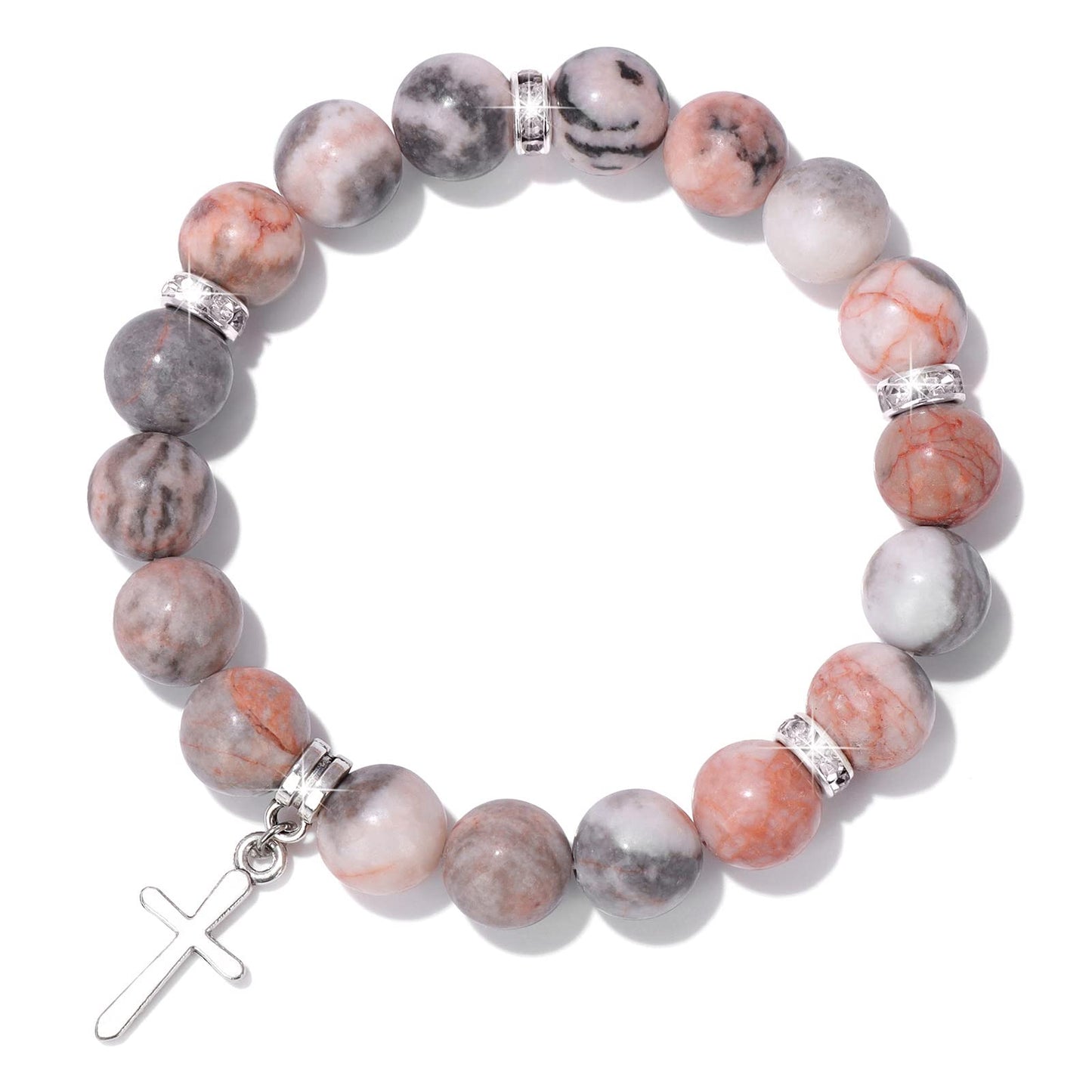 GolbalJew Healing Bracelet for Women Anxiety Cross Pendant Beaded Bracelets Pink Zebra Stone Jewelry Stress Relief Yoga Beads Br