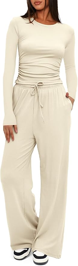 Darong Women's 2 Piece Outfits Lounge Sets 2026 Long Sleeve Tops Wide Leg Pants Casual Matching Set