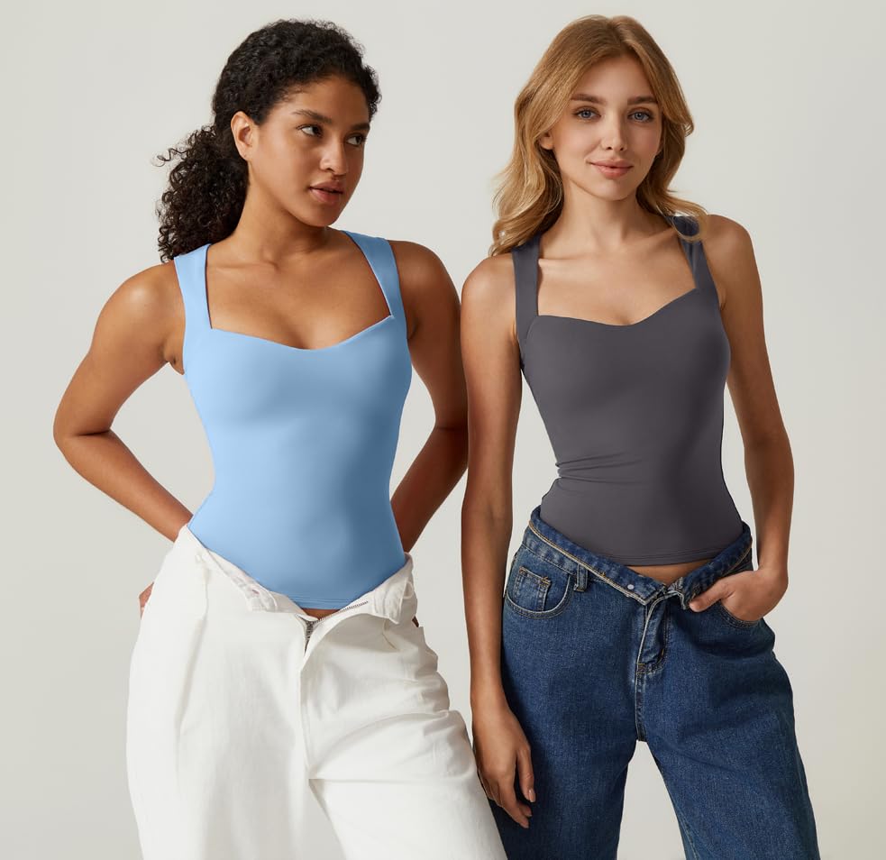 QINSEN Women's Sexy Sweetheart Neck Sleeveless T Shirts Double Lined Tees Slimming Fit Tops