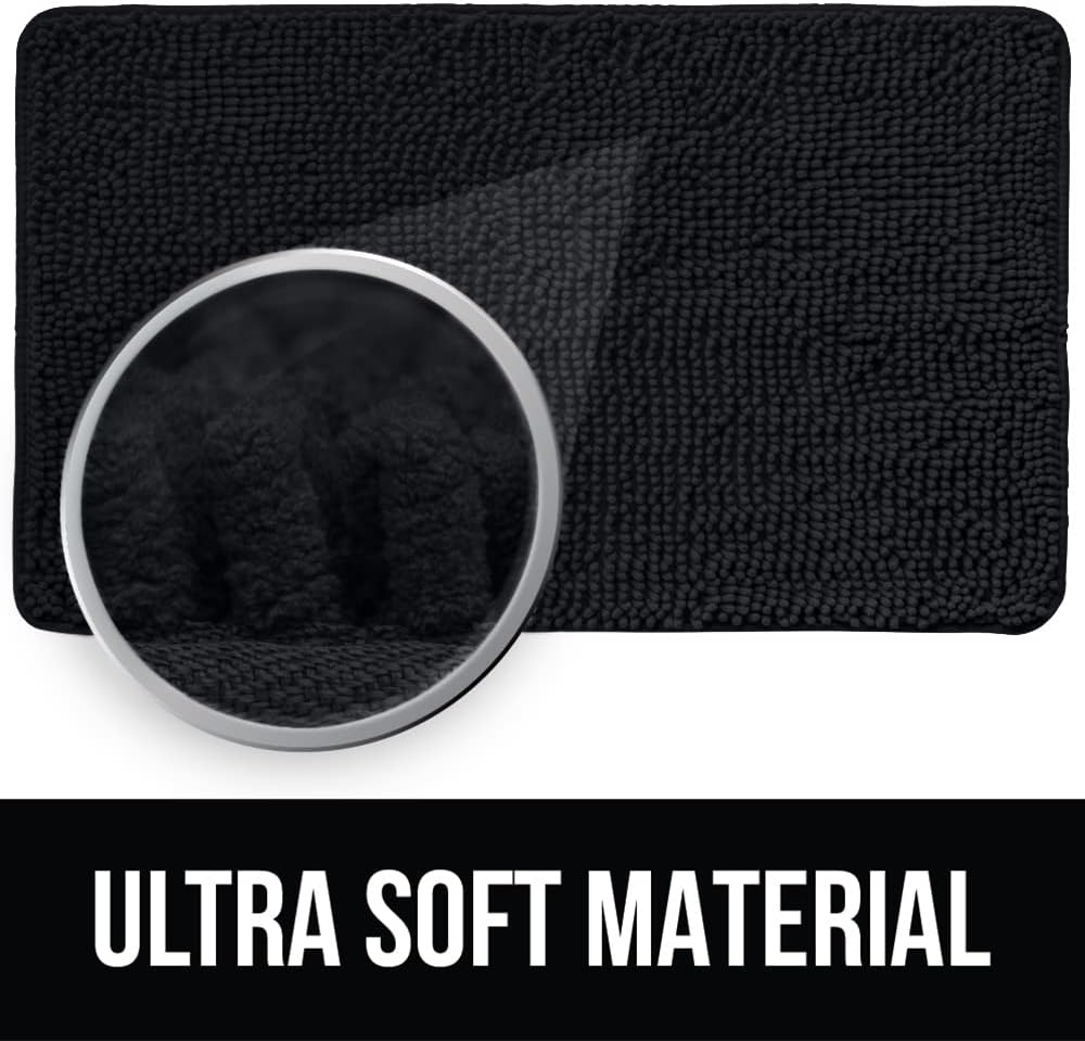 KANGAROO Bathroom Rugs, Chenille Soft Absorbent Bath Rug, Shaggy Shower Mat, Quick Dry Machine Wash Bathmat, Plush Carpet Mats for Tub, Bathtub and Room Home Decor Accessories, 60x24, Black