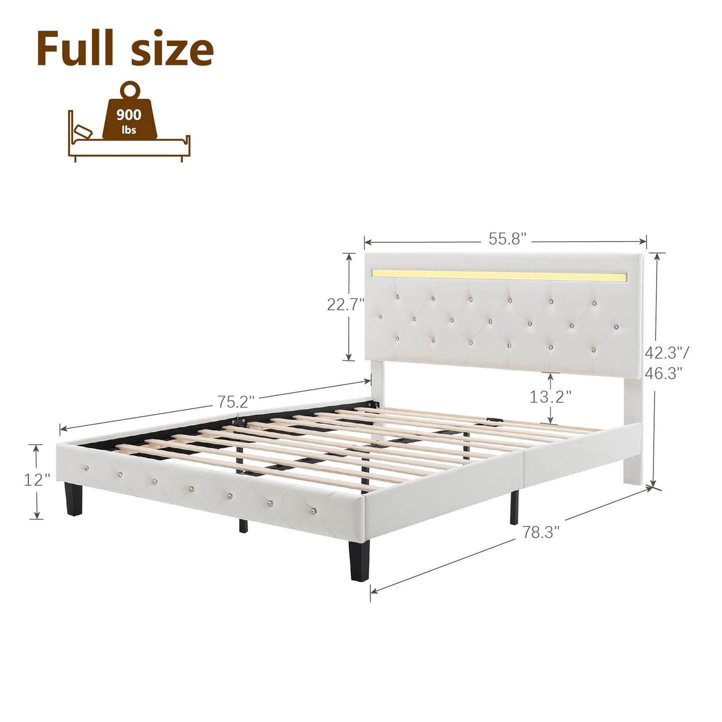 Benevika Full Size Bed Frame with LED Lights, Upholstered Platform Bed Frame, Adjustable Headboard with Charging Station, Wooden Slats Support, Easy Assembly, No Box Spring Needed, White
