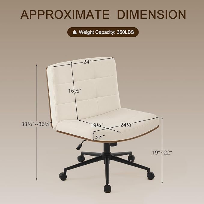 Furnimart FSC Wooden Wide Desk Chair, 360° Swivel Criss Cross Office Chair with Wheels, Comfy Cross Legged Sitting, Armless Height Adjustable Rolling Chair for Bedroom, Office, Vanity (Linen Beige)