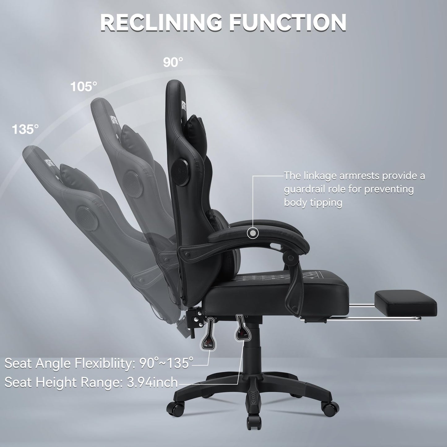 HOFFREE Gaming Chair with Speakers Massage Computer Gaming Chair with Pocket Spring Cushion for Adults Reclining Gamer Chair with Bluetooth Video Game Chairs with Footrest Black