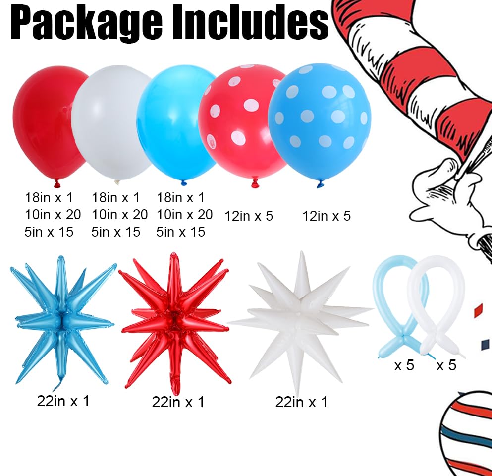 Cat Hat Themed Party Decorations 135PCS Red Blue White Balloon Arch Garland Kit Thing 1 and Thing 2 Birthday Party Decorat...