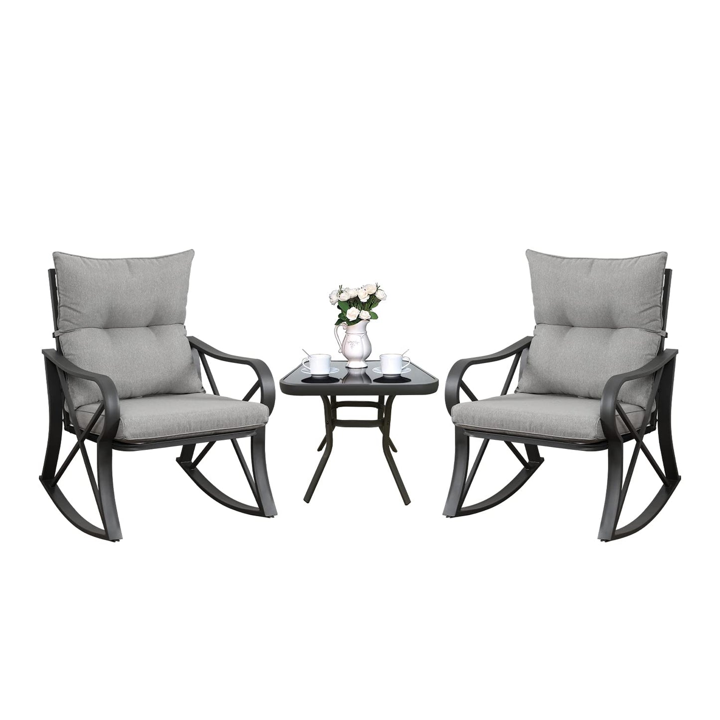 COSIEST 3 Piece Bistro Set Patio Rocking Chairs Outdoor Furniture w Warm Gray Cushions, Glass-Top Table for Garden, Pool, Backyard