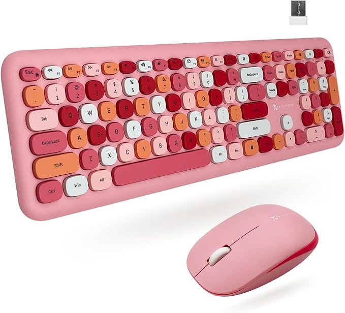 X9 Pink Cute Wireless Keyboard and Mouse Combo - 2.4G Retro Typewriter-Style with Aesthetic Bubble Keys - Colorful Hot Pink Keyboard and Mouse Wireless Combo for PC, Laptop, Windows & Chrome
