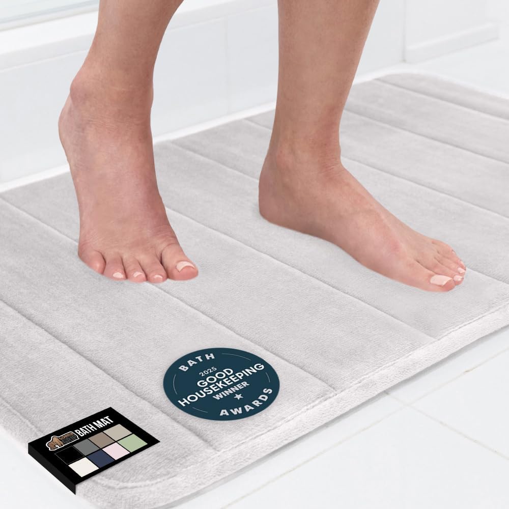 GORILLA GRIP Memory Foam Bath Mat, Soft Absorbent US Designed Bathroom Rug, Gripping Dots Machine Washable Bathmat, Cushioned Floor Mats, Shower Sink Rugs Room Décor Accessories, 60x24 Light Gray