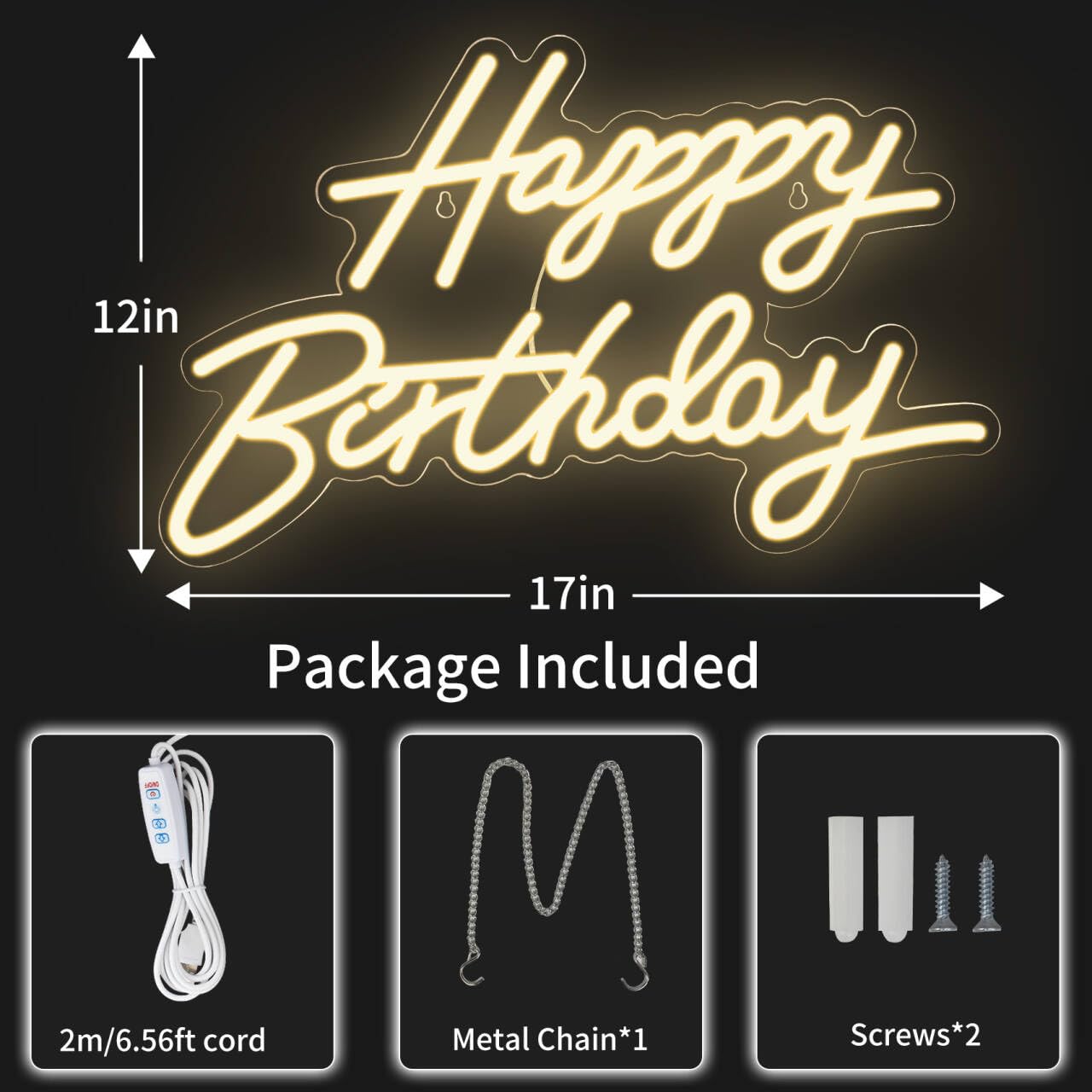 Happy Birthday Neon Sign for Wall Decor, LED Happy Birthday Light Up Sign, USB Powered Dimmable Neon Light for Birthday Party Decorations Backdrop, Warm White