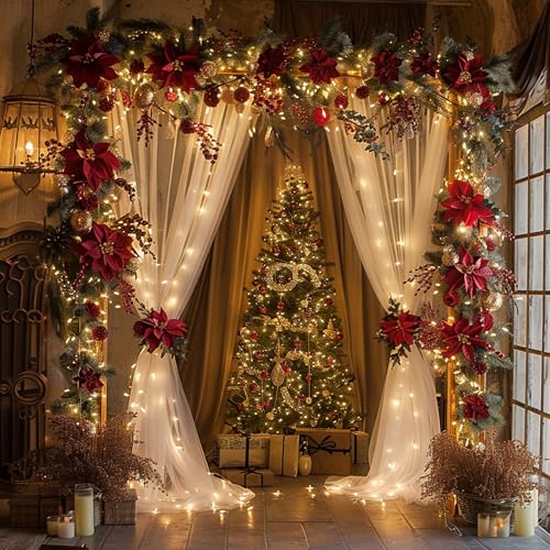 Fomcet Tulle Backdrop Curtains with Lights String White 10FT X 8FT Sheer Curtain with Lights Tulle Curtains Backdrop for W...