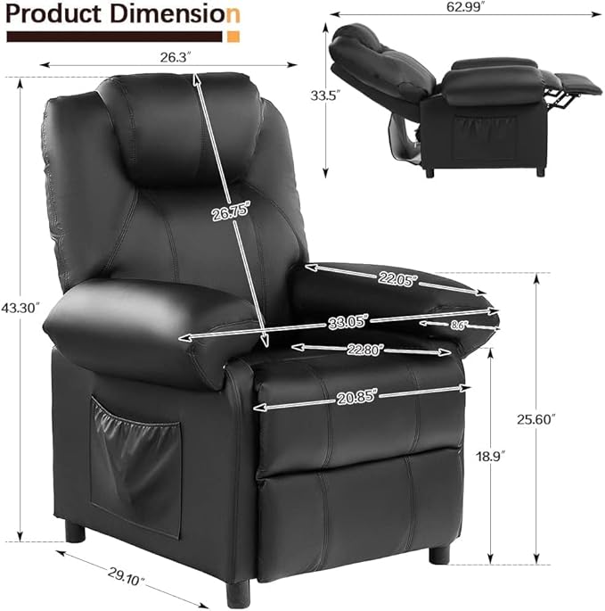 KCREAM Faux Leather Recliner Chair with Massage and Heat, Mid Century Overstuffed Manual Reclining Chair, Massaging Push Back Recliner Chair Single Sofa for Living Room, Black