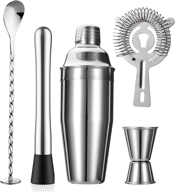 ZPUFAW 5-Piece Cocktail Shaker Set Shaker Strainer Jigger T-Mixing Spoon Muddler Bartender Kit Stainless Steel Bar Set Hou...
