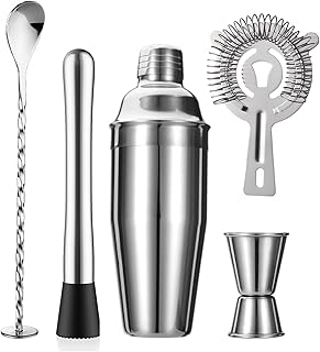 ZPUFAW 5-Piece Cocktail Shaker Set Shaker Strainer Jigger T-Mixing Spoon Muddler Bartender Kit Stainless Steel Bar Set Hou...