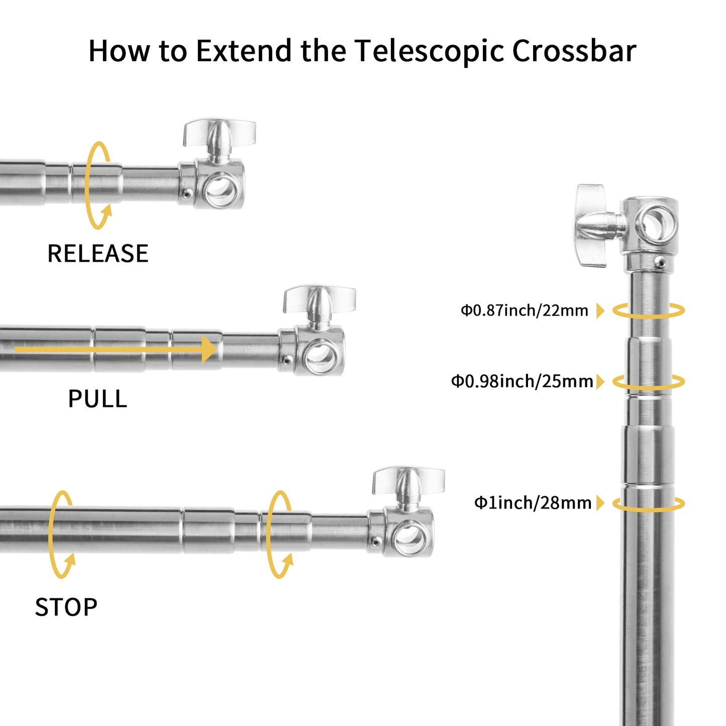 Pro Stainless Steel Telescopic Backdrop Crossbar Max Length 10 ft/3m Adjustable Background Support Cross Arm, Backdrop Pole for C Stand