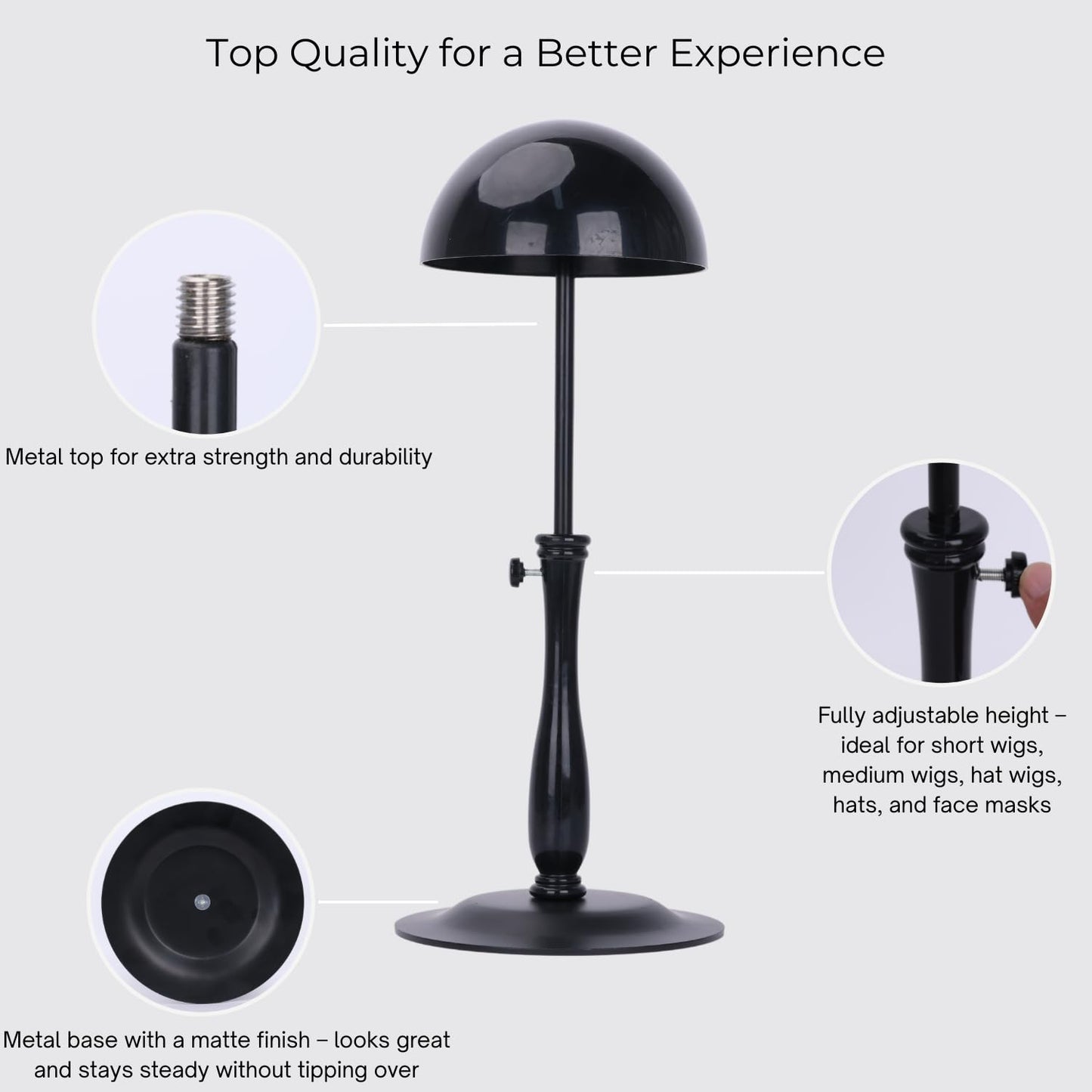 Wig Stand - Adjustable Wig Stand with Metal Base (12-19), Non-Slip Velvet Cover, Breathable Top, Easy Assembly, Stable Holder fo