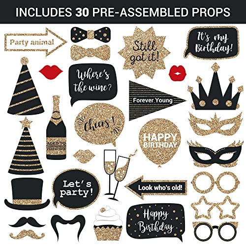 Fully Assembled Birthday Photo Booth Props. 30 Piece Box Set of Black & Gold Selfie Party Supplies and Decorations Kit wit...